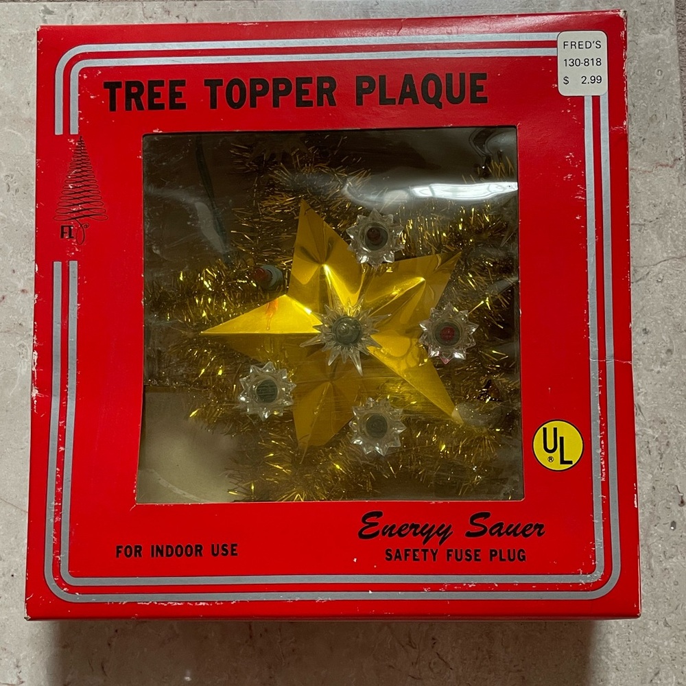 Vintage Gold Tinsel Star Tree Topper from 1970’s 11 Lights w/Original Box Works!